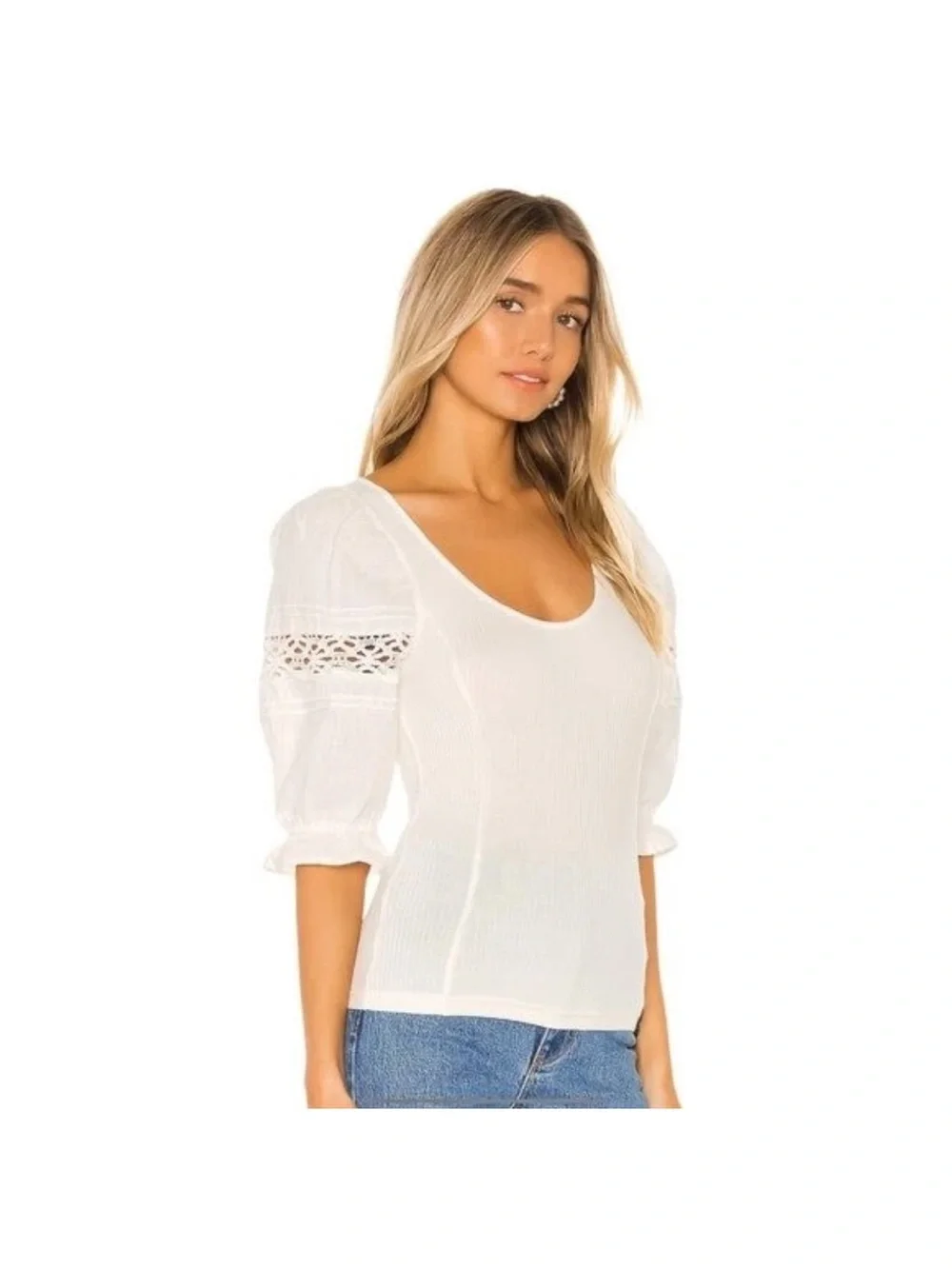 Free People White Puff Sleeve Crochet Inset Top